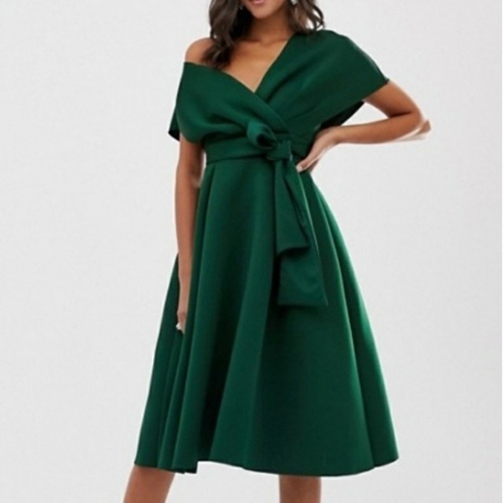 ASOS Fallen‎ Shoulder Forest Green Scuba Midi Dress Size US0 UK4 NWT Cocktail